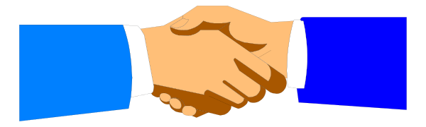 The image shows two hands shaking over a blue line with white text on either side of it that reads "CONGRATULATIONS" in capital letters.
