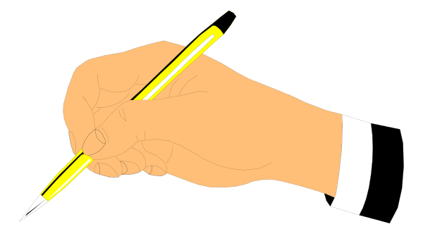 The image shows a cartoon of an animated hand holding a pen with ink on it over what appears to be paperwork in front of them.