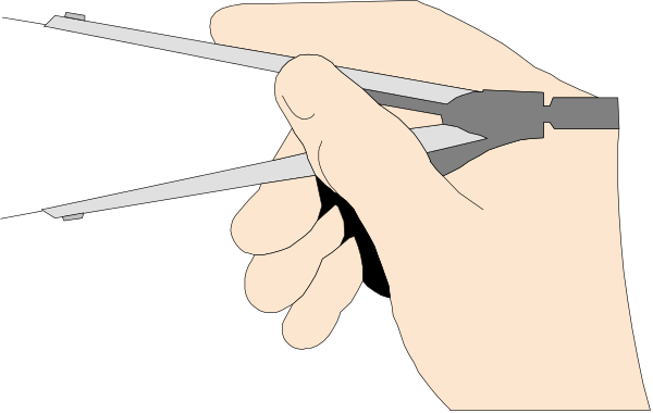 The image shows a pair of scissors with black handles being held by an unseen hand against a dark background.