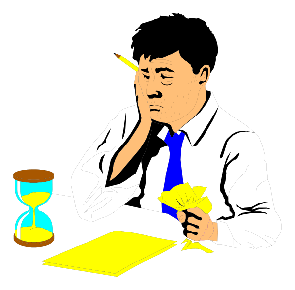 The illustration depicts a man sitting at his desk with papers on it; he is holding an envelope to his head as if deep in thought while looking downward towards them.