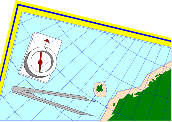 The image shows a cartoon depiction of an underwater scene with various items such as scuba diving gear including flippers on either side at bottom left corner; compass in center top right area pointing to "North" and indicating directional arrows for other cardinal directions, suggesting navigation or exploration theme.