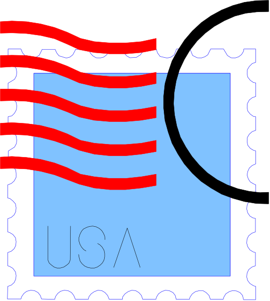 The image shows a stylized depiction of an American postage stamp with red lines indicating its borders overlaid on top of what appears to be a blue square representing water.