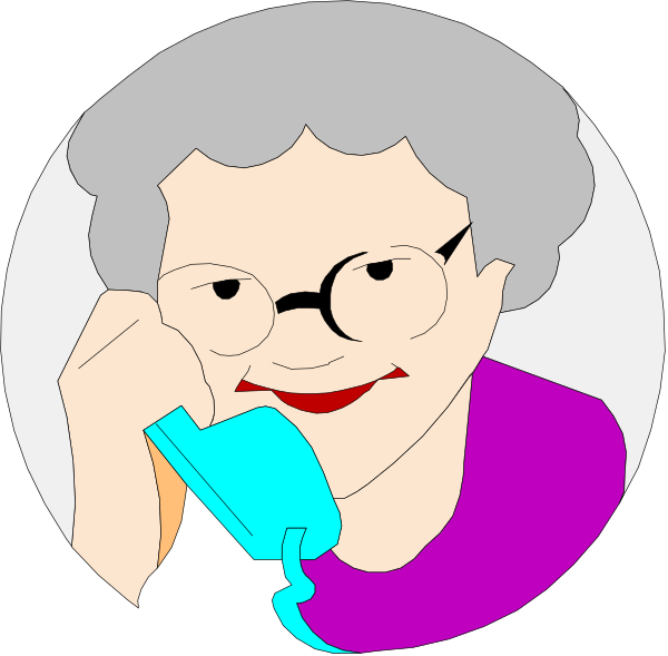 The image shows a cartoon of two elderly women engaged with cell phones; both have glasses on their faces and appear to be in an indoor environment.