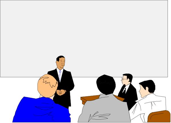 The image shows a group of five animated characters sitting around an oval table with two men standing at each end; there is no text present in this clip-art illustration.