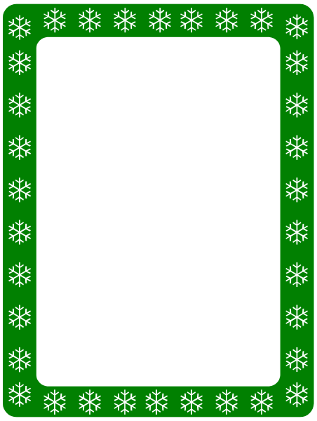The image shows a white card with green snowflakes around its border inside what appears to be an envelope-shaped frame on a gray background.