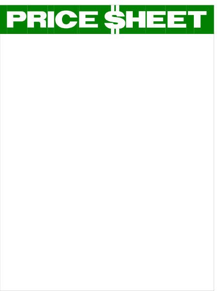 The image shows a price sheet with text that reads "PRICE SHEET" at the top right corner of an otherwise black background.