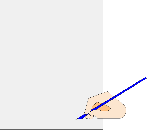 The image shows a person's hand holding a pen over paper with blue lines drawn on it; there is also an orange object in front of them that resembles a pencil sharpener but has no visible contents, and behind this scene appears to be another piece of white paper or cardstock.