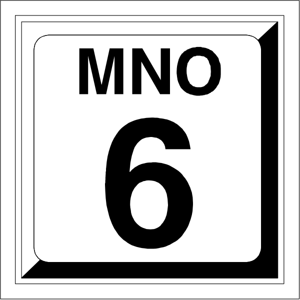 The image shows a license plate with text that reads "MNO 6" on it against a white background. There is no additional context provided in this clip-art representation of an object typically used for identification purposes, such as vehicles and motorcycles. It does not depict any people or animals; the focus here is solely on the license plate itself with its textual content.