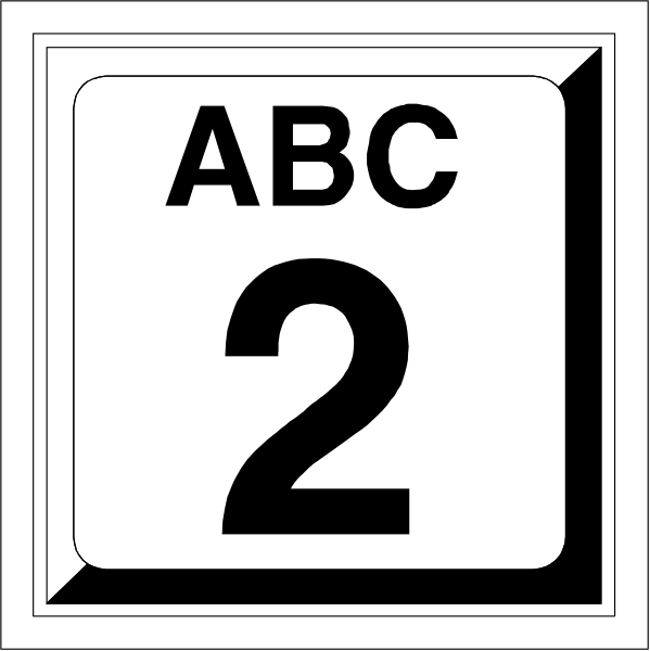 The image shows a black and white sign with an arrow pointing to it that reads "ABC 2". There is also another smaller text on top of this reading '10'. This could be interpreted as indicating some sort of route numbering system, possibly for highway or road signs in the United States. It's important to note that without additional context, such as a background image showing where these numbers are located and what they represent (e.g., miles per hour), it is not possible to provide more specific information about this signage.