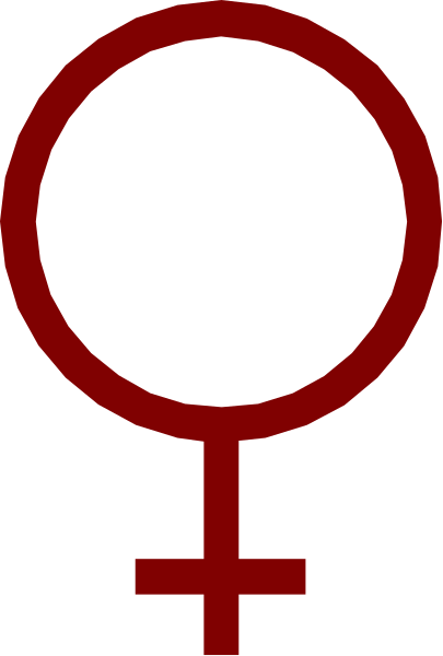 The image shows a stylized representation of an iconic symbol for women's rights with red text inside it on top of what appears to be striped background.
