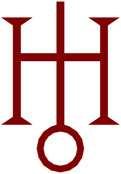 The image shows a stylized graphic of an emblem with red lettering on what appears to be a shield-like background within two vertical stripes that resemble flags; atop this central design is a symbol consisting of three horizontal lines and four points, each point connected by straight segments forming the shape.