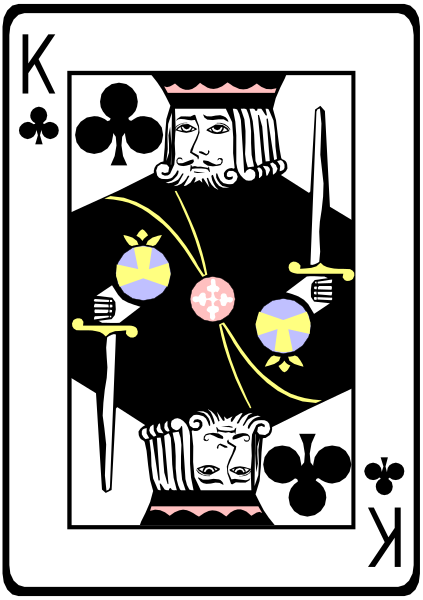 The card shows a king of spades playing card with an illustration on it featuring two knights facing each other holding swords crossed at their chests; one is wearing blue armor while the other wears yellow, and there's a shield in between them displaying three stars against a black background.