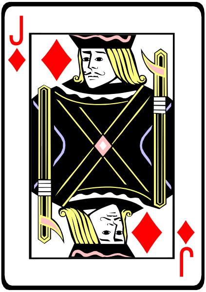 The card shows a joker playing cards with four of spades on his back; he is holding two clubs crossed over each other in front of him.