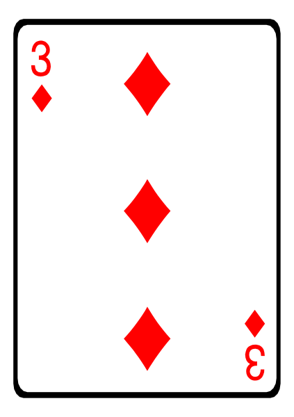 The card shows a royal flush of spades: Ace (A), King (K), Queen (Q) with four diamonds in between them on each side forming two diamond shapes around the cards' center, and three clubs at bottom right corner indicating it is an ace-high straight flush.