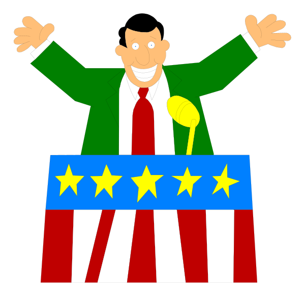 The image shows a cartoon of an animated man standing behind a podium with stars on it at what appears to be a political event. He is wearing a suit jacket over his shirt and tie, which suggests he might represent someone in power or authority within this context. His arms are raised high above him as if celebrating something significant or making a passionate speech. The background of the image is black with no additional details provided about it.
