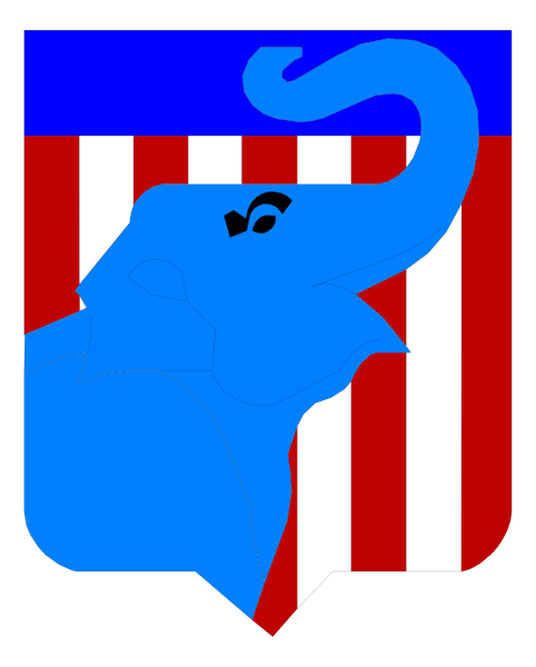 The image features a stylized graphic of an elephant's head with its trunk curled upwards next to what appears to be part of an American flag design on one side.