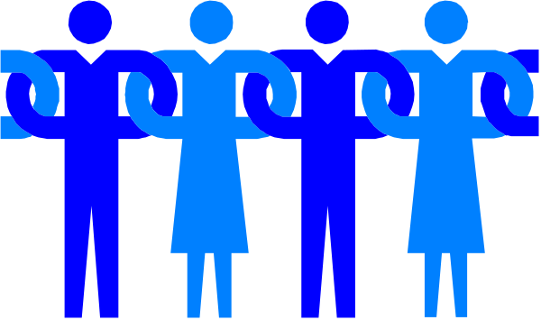 The image shows a group of stylized stick figure characters standing side by side with their arms raised upwards as if in celebration or greeting; there is no background detail provided within this small clip-art format, focusing on simplicity and minimalism.