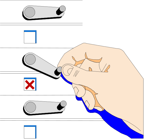 The image shows a hand pressing buttons on an electronic device with four options: "no," "yes," "maybe" (which is highlighted), and another option that's partially obscured by the thumb of the person operating it, all set against a black background.