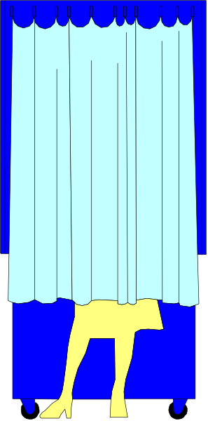 The image shows a cartoon of an elephant standing next to a shower curtain with blue water droplets falling from it onto its head.