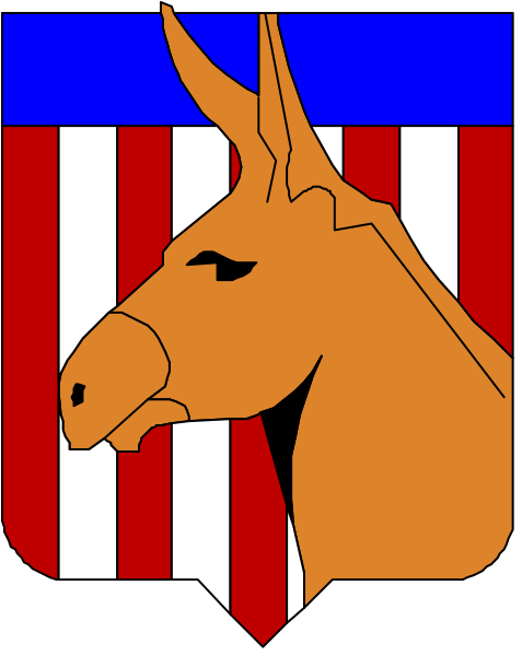 The logo features a donkey's head with an American flag background on its forehead, set against a blue field that has red stripes at top and bottom edges.