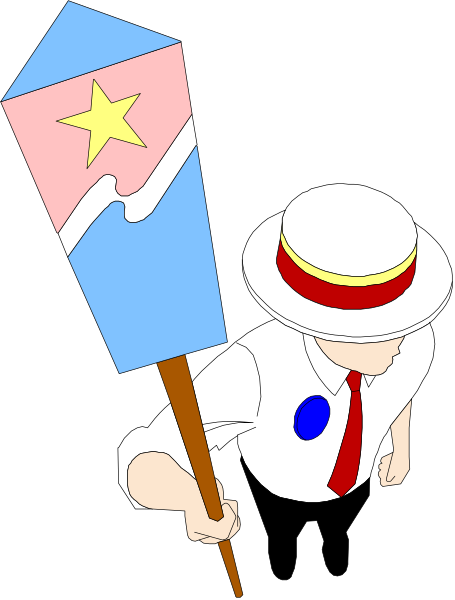 The image shows a cartoon character holding an American flag on top of their head while standing next to another figure who is also wielding a stick with a star design atop it.