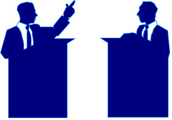 The image shows a black and white silhouette of three figures standing at podiums with speech bubbles above their heads containing text that is too small to read clearly in this description.