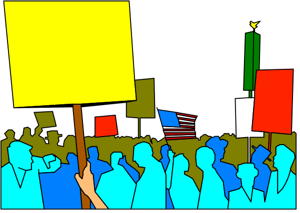 The image shows a protest scene with several signs held by individuals standing together on what appears to be an urban street at nighttime; there is no text present in this clip-art representation of people participating in demonstration activities, and it's not possible for me to provide specific details about the objects or actions without more context.
