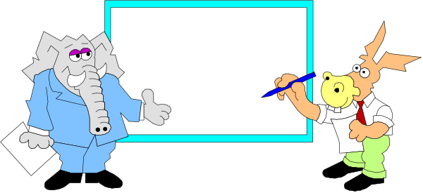 The image shows two cartoon characters standing next to each other with a sign between them; there is no text on the sign. One character appears to be an elephant wearing glasses labeled "TRUMP" in red, and it has its trunk raised as if waving or greeting someone off-camera. Next to this figure stands another cartoon animal that resembles a dog with humanoid features; it is dressed like a businessman in blue attire, complete with tie and briefcase. The background of the image consists only of two rectangles: one darker on top left