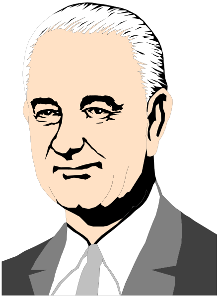 The black and white illustration shows a man with gray hair wearing glasses, dressed formally in what appears to be business attire; he is smiling slightly at an unseen audience while standing against a dark background that provides no additional context about his surroundings.