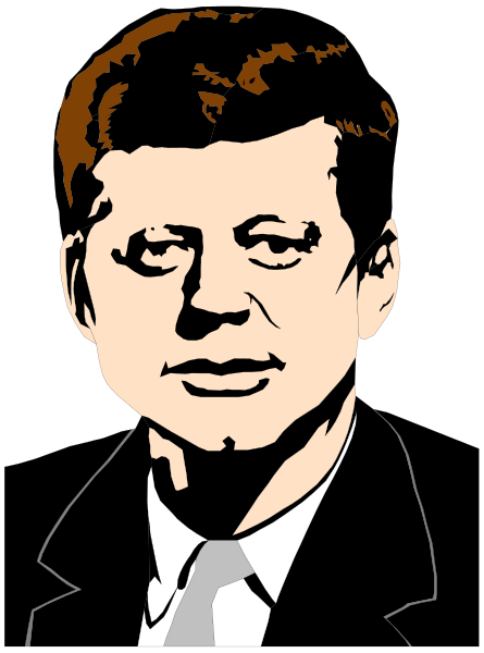 The image features a black and white illustration of John F Kennedy with his iconic hairstyle and suit jacket.