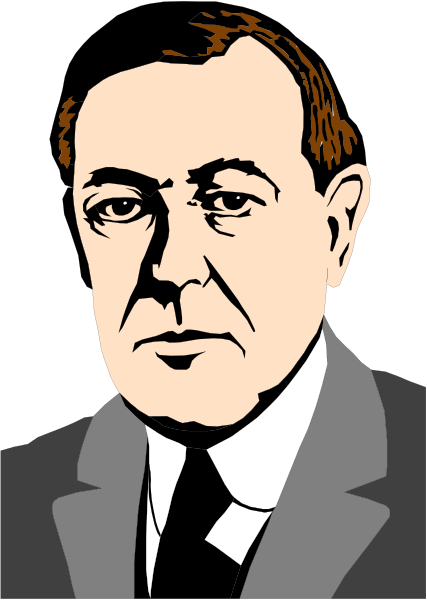 The black and white illustration features a man with glasses looking to his right against an indistinct background; he is wearing a suit jacket without a tie.