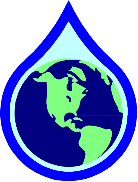 The image shows a stylized graphic of an oil droplet with Earth inside it on top of water drops against a blue background; there is no text present in this clip-art illustration.