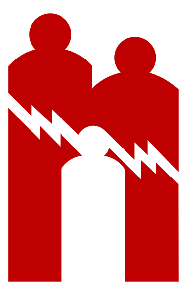The image shows a red warning sign with an icon of two figures standing behind it; there is also lightning bolt imagery on either side of the figure in front of the sign.