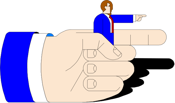 The image shows a cartoon of an animated hand pointing at something with two fingers extended upwards while another finger is bent downward in front of it as if to shoot someone; there's also a small figure standing behind this gesture, resembling a man wearing glasses and holding his hands together.