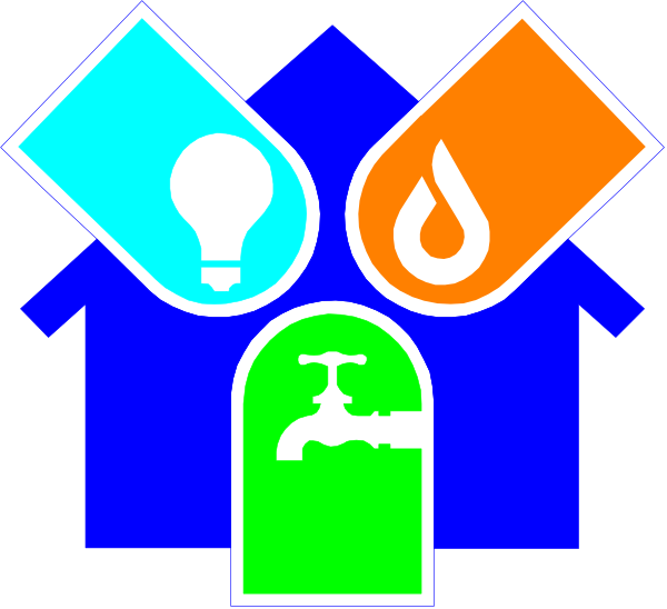 The image shows a stylized graphic with three symbols: an electric light bulb on top left corner; two houses in blue at bottom right corners connected by what appears to be water pipes forming a heart shape, and between them is a green recycling symbol.