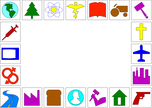 The image shows a collection of various symbols representing different things such as books, crosses, houses, trees, planets, hearts, music notes, gears, stars, bombs, cars, people, animals, buildings, and more in black-and-white format against a dark background.