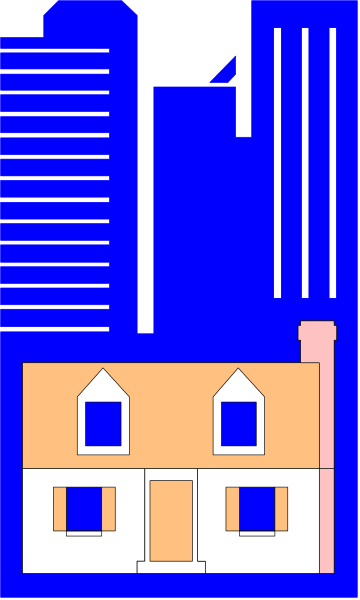 The image shows a cartoon of an orange house with two windows on each side under what appears to be night sky filled with stars.