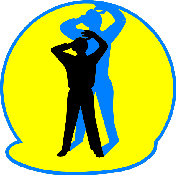 The image shows a yellow circle with two blue silhouettes of figures inside it; on top is an adult figure holding its head in hands as if distressed, while below that is another figure standing upright looking upwards and to their right.