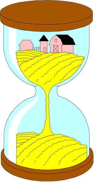 The illustration shows a sandglass with an hour glass figure inside it depicting farmland at sunset with silhouettes of houses in front of fields under a sky that transitions from blue to orange as if indicating time passing, and there is no visible text or additional elements outside the main image.