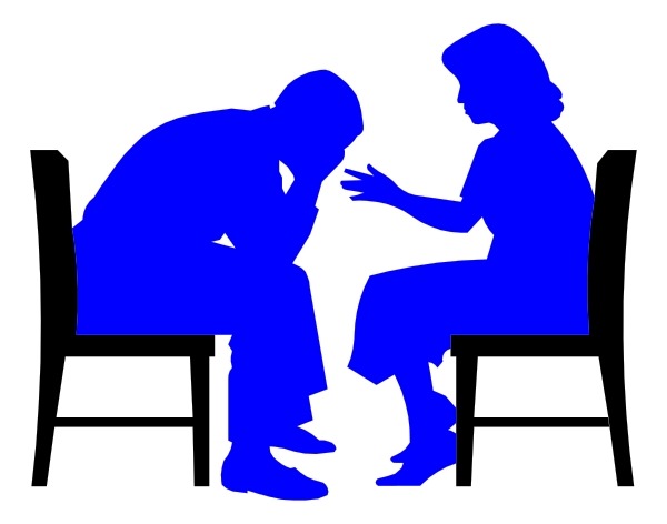The image shows a blue silhouette of two individuals sitting on chairs facing each other with their hands clasped together as if in conversation; there is no background detail provided.