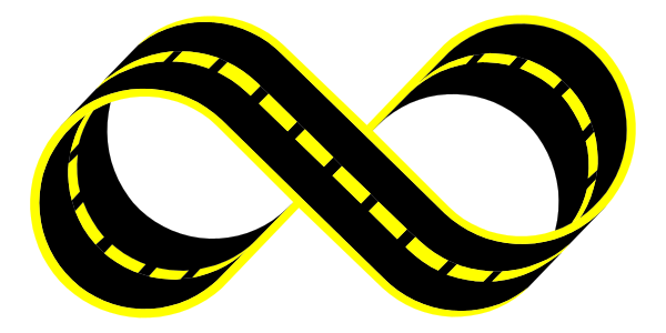 The image shows a stylized graphic of an interlocking loop with two curved lines forming a figure-eight pattern against a dark background.