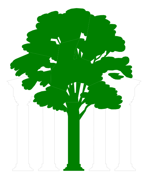 The image shows a stylized tree with roots inside an architectural structure that resembles columns supporting pillars of another building; above this is a canopy-like shape suggesting foliage on top, all set against a plain background.