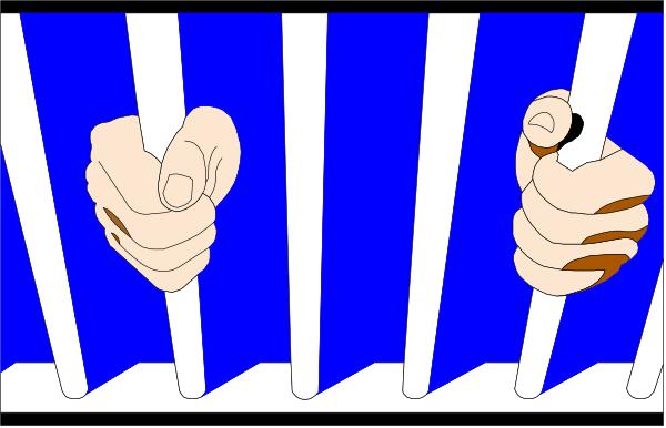 The image shows a cartoon of two hands with thumbs up inside jail bars against a blue background.