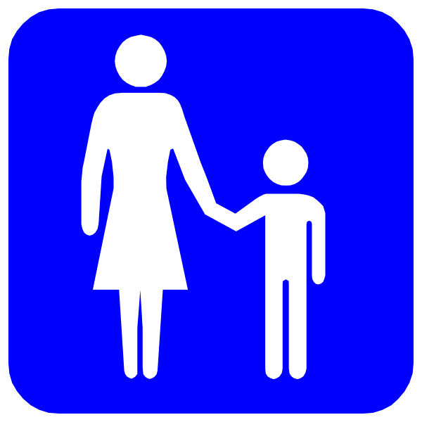 The image shows a blue sign with white text featuring three icons: on top left is an icon of two adults walking together; in the center right is another adult holding hands with one child standing next to them, and below that is an icon depicting a woman pushing a stroller while accompanied by her son. All figures are depicted as stick figure drawings commonly used for signage indicating facilities or services available at this location.