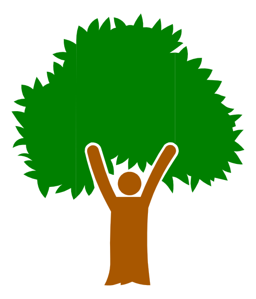 The image shows a cartoon of an orange tree with green leaves being held up by two hands against a black background.
