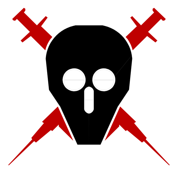 The image shows a black flag with red crosses on it featuring two crossed swords at its center.