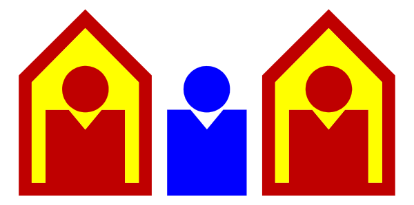 The image shows a pixelated scene with three houses of varying sizes; two larger ones on either side flanking a smaller one in between them. In front of these homes is an icon representing people standing together, and to their right stands another figure that appears to be holding hands or embracing the group from behind.