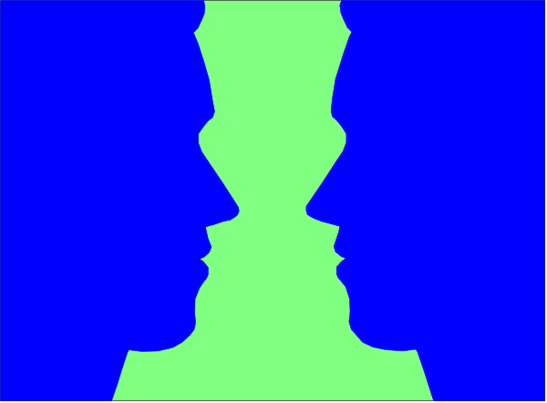 The image shows a blue background with two silhouettes of human heads facing each other against it; there is no text present in this clip-art graphic.