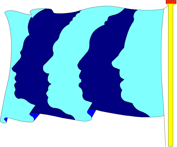 The image shows a blue abstract design with three human faces that appear to be melting into each other on what looks like an ice cream cone shape against a dark background.