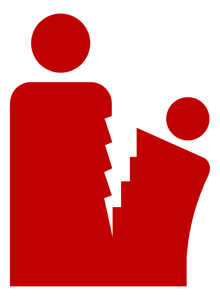 The image shows a red silhouette of two figures standing next to each other with an object between them that appears to be a book; there is no text present in this clip-art illustration.